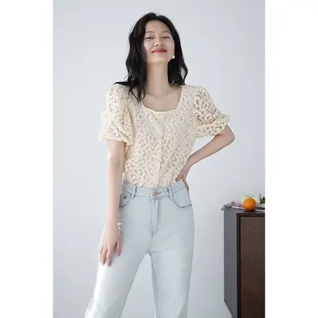 嘉茱莉2023夏季新款镂空蕾丝上衣女黄丝衬衫小众独特别致小衫短袖图片