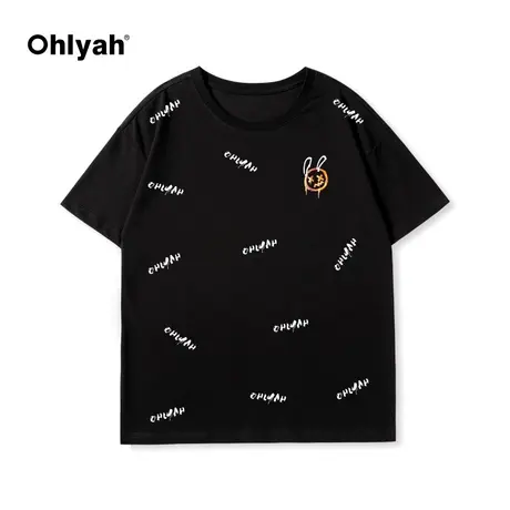 Ohlyah潮流休闲印花圆领满印纯棉短袖T恤女2023年夏季新品情侣装商品大图
