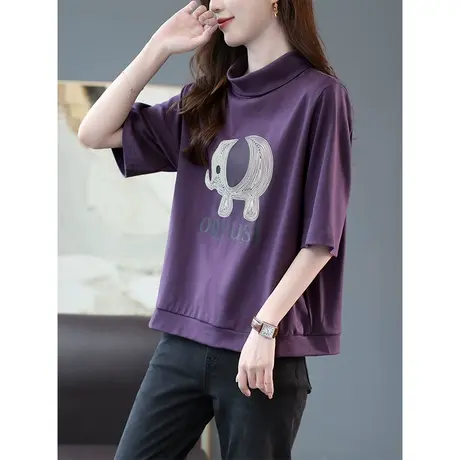 宝诗黎半高领五分袖印花T恤2023早秋新款棉质宽松上衣女时尚百搭商品大图