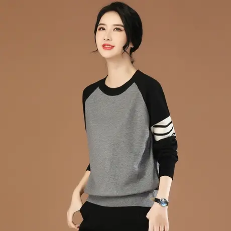 韩潮袭人圆领长袖拼接撞色针织衫女2023早秋新款休闲百搭打底毛衣商品大图