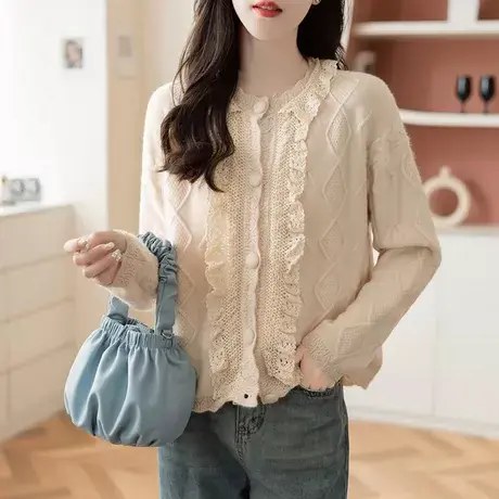 早秋装蕾丝毛衣针织衫秋季女2023年新款宽松针织开衫外套休闲上衣图片
