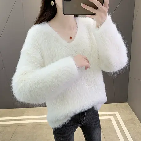 2023新款春秋冬季水貂绒毛衣宽松针织上衣爆款慵懒风v领上衣外套图片