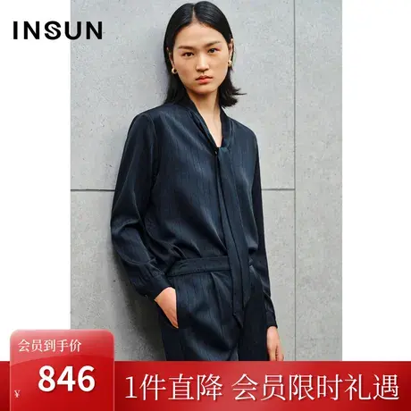 恩裳2023秋季新款气质伊士曼醋酸混纺暗条纹气质飘带衬衫图片