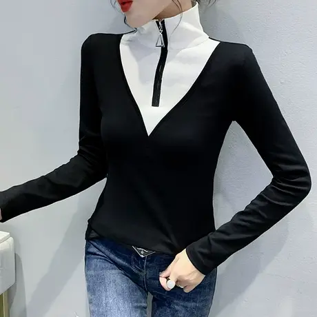 高领打底衫女秋冬2023新款欧货拼色拉链长袖上衣显瘦修身气质T恤商品大图