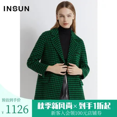 恩裳2022冬季亲肤羊毛千鸟格纹设计简约复古毛呢外套商品大图