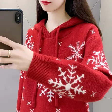 红色毛衣帽衫女宽松连帽卫衣圣诞新款兔年本命年衣服针织衫套头女商品大图