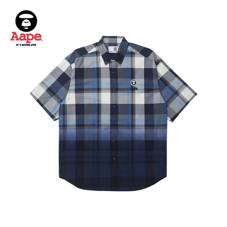 Aape旗舰店男装春夏格纹字母刺绣渐变拼色宽松短袖衬衫8444XXK商品大图