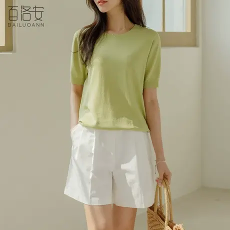 百洛安简约圆领短袖针织T恤女夏季新款弹力舒适宽松百搭薄款上衣图片