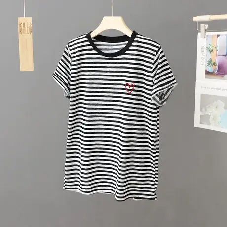 黑白条纹刺绣T恤女式短袖宽松夏季2023新款圆领上衣百搭体恤小衫图片