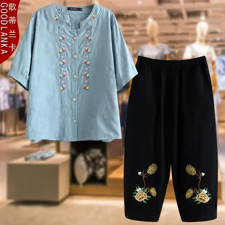 中老年妈妈夏装休闲套装加大码宽松洋气提花上衣刺绣妈妈装两件套商品大图