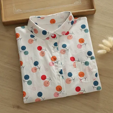 春秋新款日系文艺小清新印花长袖衬衫女学生宽松纯棉女士打底衬衣图片