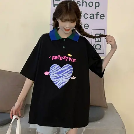 翻领polo衫日系短袖t恤女夏季宽松韩版设计感小众港风上衣服ins潮图片