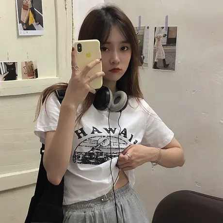 白色短袖t恤女ins潮2023年新款夏季辣妹穿搭高腰短款露脐bm风上衣商品大图