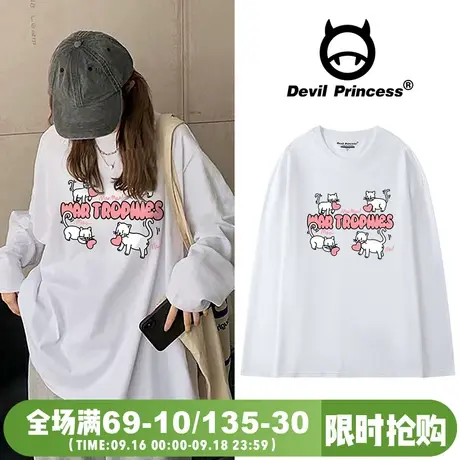 学院风卡通猫咪长袖t恤女韩系chic小众白色韩版宽松ins风内搭上衣图片