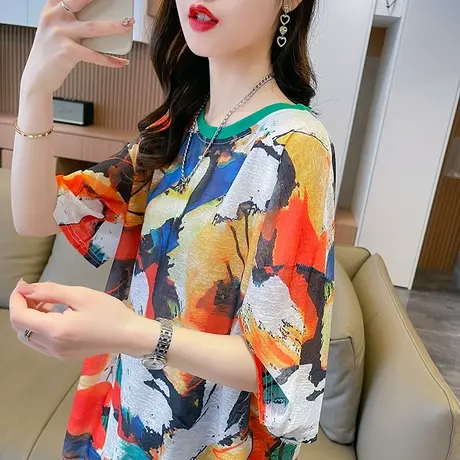 冰丝凉感短袖t恤女夏季韩版宽松大码小众设计感薄款运动跑步上衣商品大图