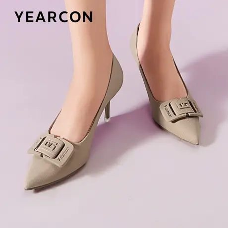 意尔康方扣软皮细跟单鞋女2023年新款尖头高跟鞋气质百搭职业通勤商品大图