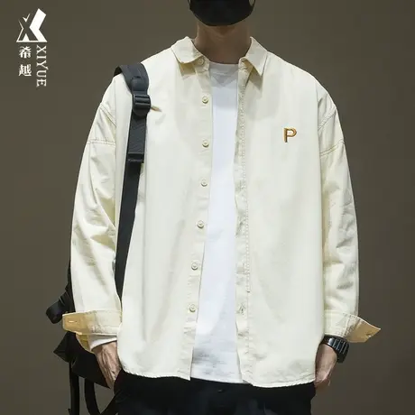 希越翻领刺绣衬衫男秋季宽松大码天丝棉ins潮流休闲百搭开衫外套商品大图