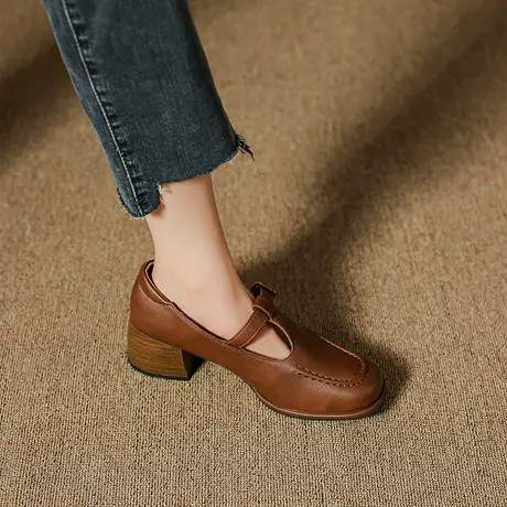 2023新款英伦小皮鞋女设计感中跟粗跟法式复古棕色浅口方头单鞋女商品大图