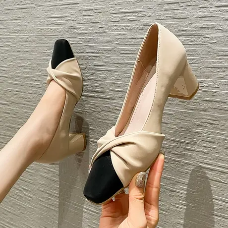 法式小众方头拼接高跟鞋女粗跟2023春季新款时尚百搭浅口职业单鞋图片