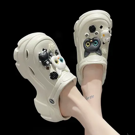 高跟洞洞鞋女外穿夏季可爱猫咪踩屎感防滑厚底增高两穿包头凉拖鞋商品大图