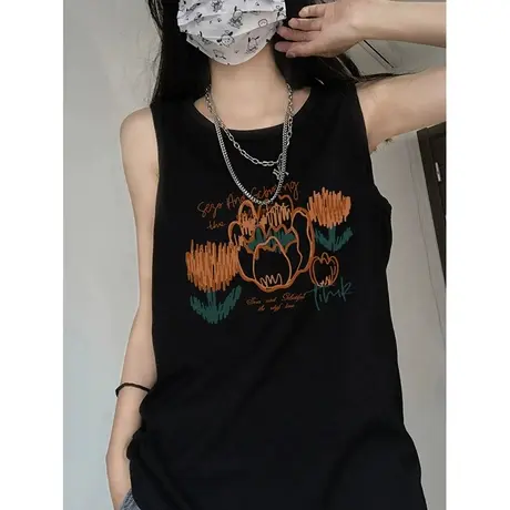 美式复古纯棉吊带运动坎肩背心无袖t恤女夏外穿宽松港风挂脖上衣商品大图