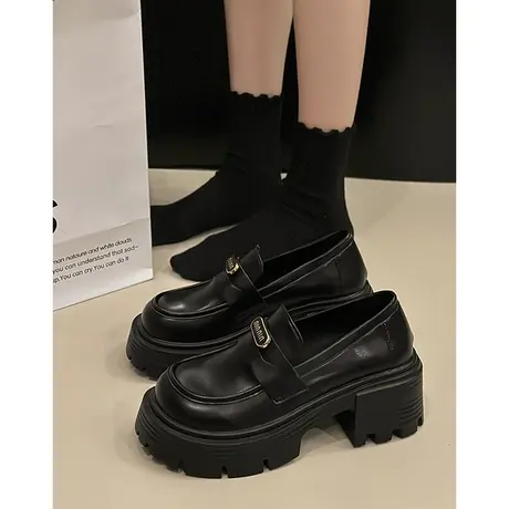 圆头百搭学院风黑色厚底乐福小皮鞋女2023新款秋冬粗跟配裙子单鞋图片