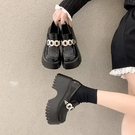 黑色小皮鞋女春夏2024新款超火厚底增高英伦高跟单鞋粗跟乐福鞋潮图片