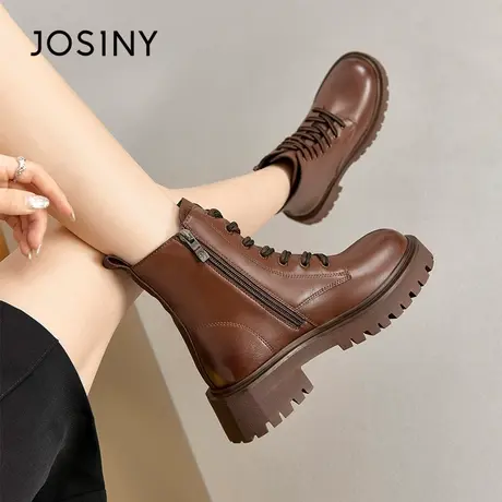 Josiny/卓诗尼马丁靴女2023秋季新款圆头粗跟英伦风百搭短靴子女商品大图