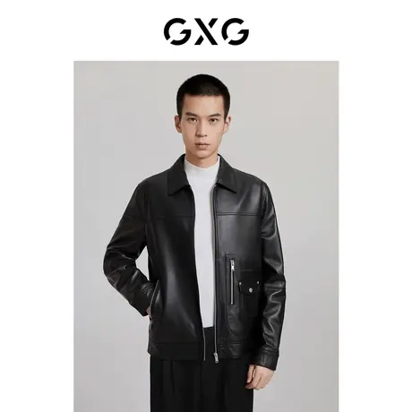 GXG男装 黑色朋克翻领真皮皮衣男士外套 21年秋季新品图片