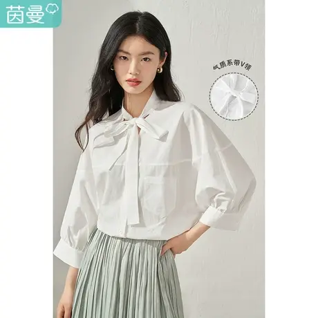 【商场同款】茵曼系带V领衬衫女士2023夏季新款气质纯棉中袖衬衣商品大图