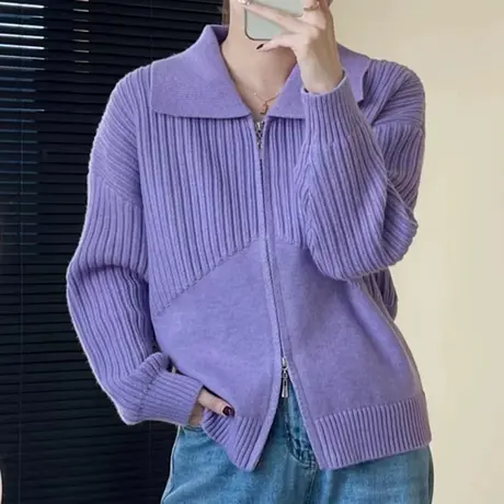 法式拉链纯色针织开衫外套女时尚Polo领长袖百搭外穿毛衣春秋新款图片