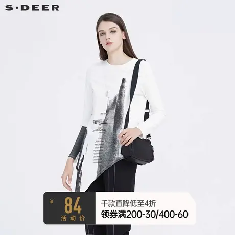 sdeer圣迪奥套头圆领水墨印花字母不规则长袖打底T恤女S20480215🏮图片