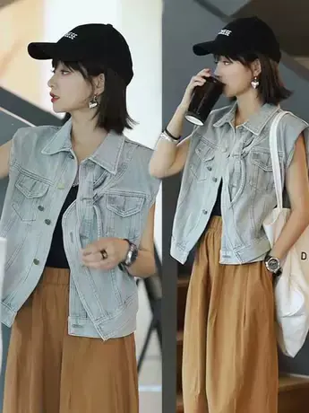 复古港风坎肩无袖牛仔马甲外套女初秋季新款时尚洋气休闲马夹上衣商品大图