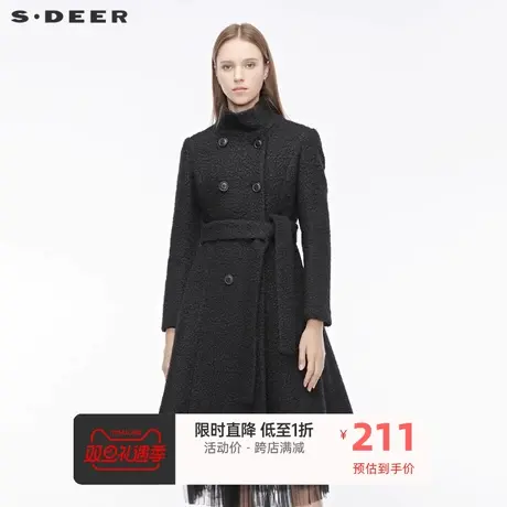 sdeer圣迪奥女季新款休闲高领双排扣抽绳收腰纯黑大衣S19481853Ⓜ商品大图