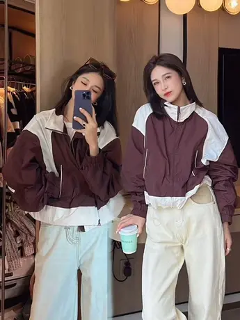 时尚洋气拼色短款防晒衣女2023春夏装新款宽松立领抽绳冲锋衣外套图片