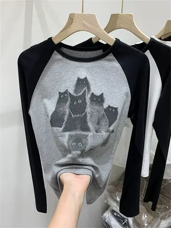 欧货美式复古撞色插肩袖修身显瘦薄款内搭上衣女炸街上衣猫咪拼色商品大图