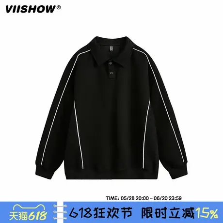 VIISHOW复古潮牌拼色POLO领卫衣男春季宽松情侣百搭休闲套头上衣图片
