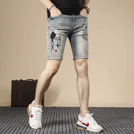 夏季牛仔短裤男五分裤2025新款修身弹力刺绣复古破洞男士中裤外穿商品大图
