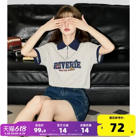 唐狮2025新款夏季短袖T恤女翻领polo领学院风美式减龄小个子穿搭商品大图