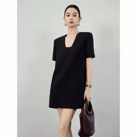 爵莱菲大码黑色梯形领短袖连衣裙夏女2025新款通勤西装裙小黑裙商品大图