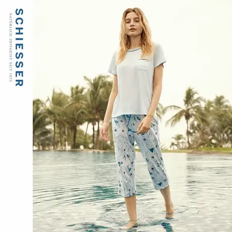 SCHIESSER舒雅25年春夏新品女士棉莫代尔印花圆领睡衣家居服套装图片
