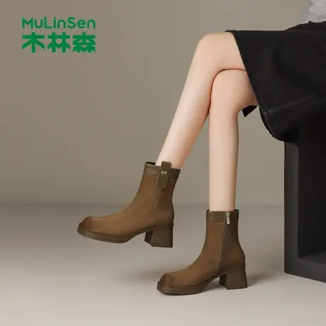 木林森短靴女2025年秋季新款复古磨砂英伦风骑士靴百搭粗跟瘦瘦靴图片