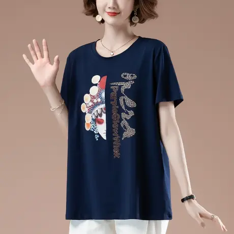 短袖t恤女夏季加肥加大码女装宽松纯棉洋气印花烫钻显瘦半袖体恤商品大图