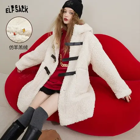 妖精的口袋连帽白色仿羊羔绒大衣女2023秋冬季新款加厚中长款外套图片