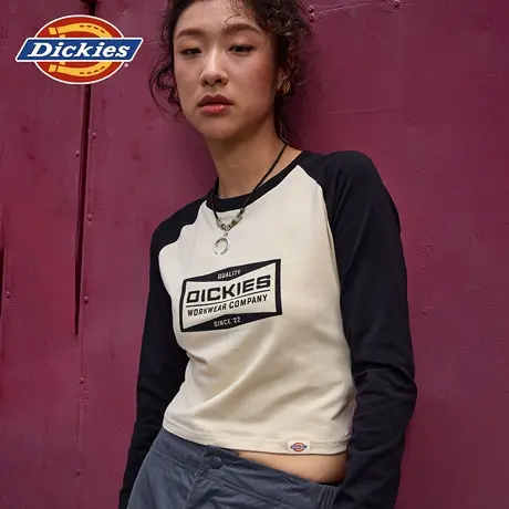 Dickies25秋冬新款 美式字母印花 女式插肩袖弹力修身短款长袖T恤图片