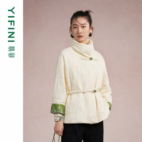 [专柜同款]Yifini/易菲提花大翻领新中式老钱风宽松短款棉服外套商品大图