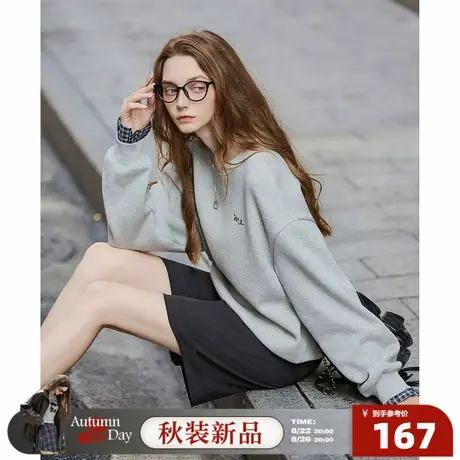 8.22/20点 上新唐狮2025年秋季新款卫衣女灰色圆领袖子拼接衬衫商品大图