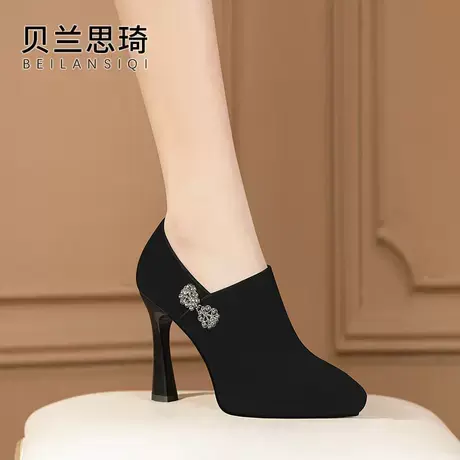 磨砂真皮尖头厚底深口细跟单鞋女2025春秋季百搭新款防水台高跟鞋商品大图