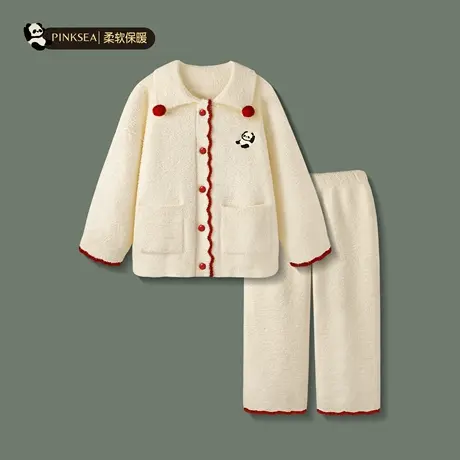 Pinksea半边绒睡衣女秋冬季松弛感加厚保暖套装新款可外传家居服商品大图