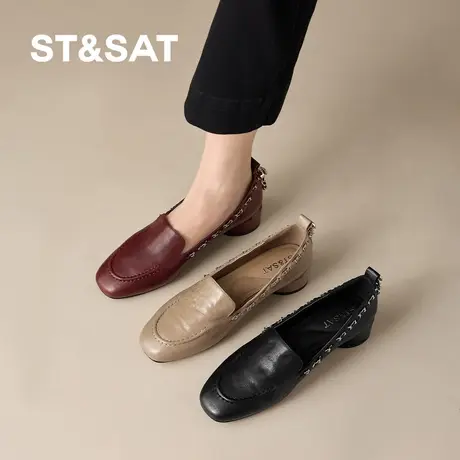 星期六2025新款英伦风复古方头粗跟深口单鞋女软底舒适百搭乐福鞋商品大图